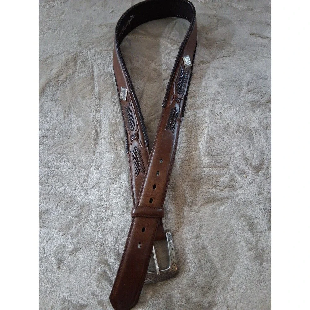 Vintage Wrangler Western Style Belt Mens Size 36/90 Large Buckle Genuine Leather
